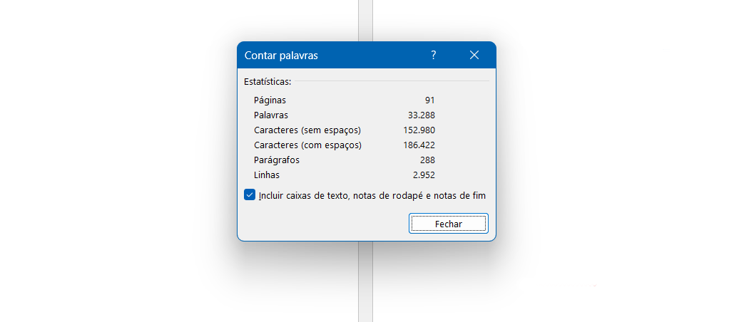 Janela do Word mostrando o número de caracteres de um texto
